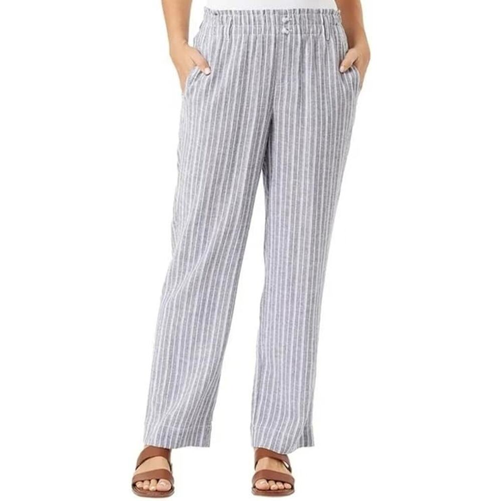 Briggs Ladies' Comfort Stretch Waistband Linen Blend Pants, Blue Stripe, Size M